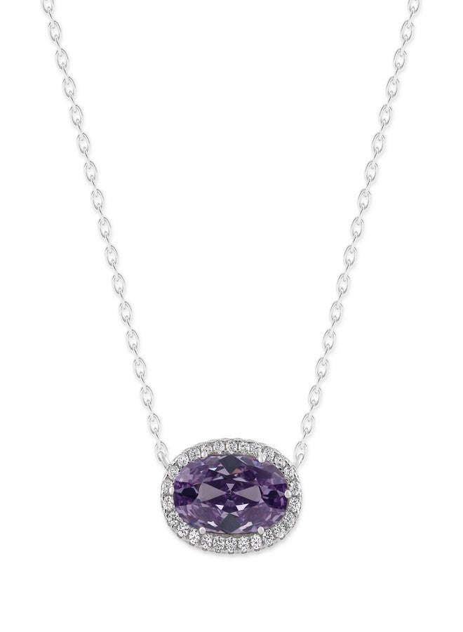 Belacqua Alexandrite Gemstone Necklace in Sterling Silver,Halo Pendant with Accent, Oval Cut 6*12mm, 15" Cable Chain with 2" Extender, Spring Ring Clasp, June Birthstone Necklace for Women, Gift Box Included - Image 1