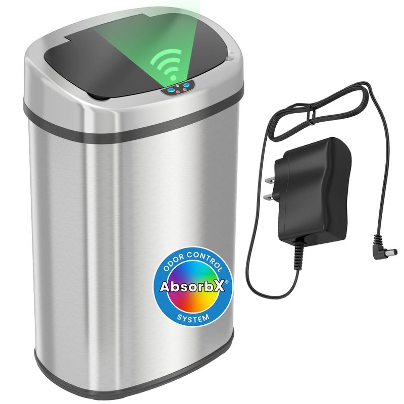 iTouchless SensorCan 13 Gallon Oval Sensor Trash Can with AC Adapter and Odor Filter, Automatic Motion Sensor Kitchen Bin, Soft-Close Stainless Steel, Slim Curved Wastebasket for Narrow Walkways, Matte Silver - Image 1