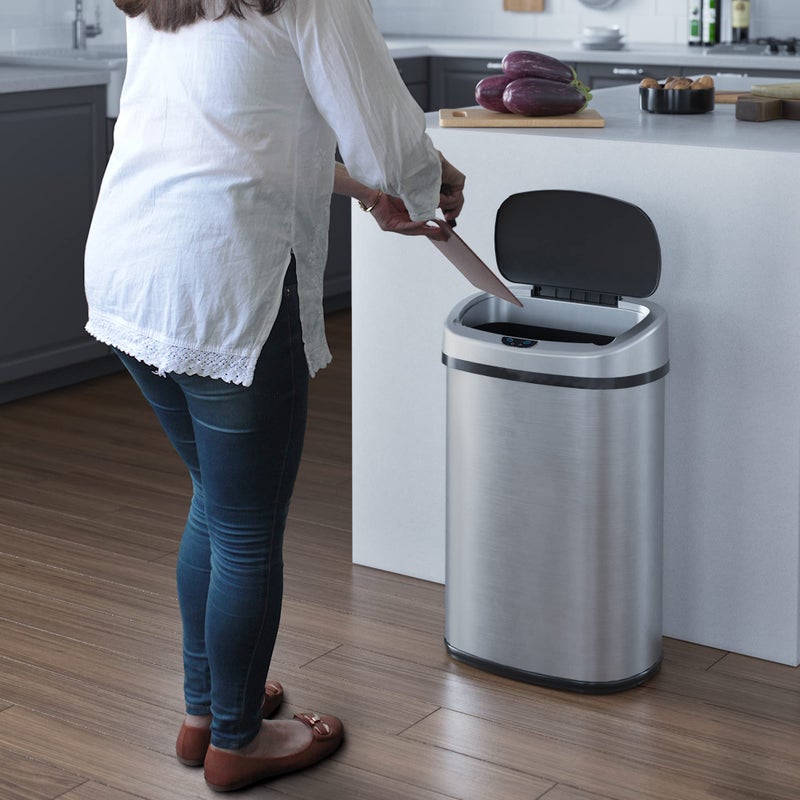 iTouchless SensorCan 13 Gallon Oval Sensor Trash Can with AC Adapter and Odor Filter, Automatic Motion Sensor Kitchen Bin, Soft-Close Stainless Steel, Slim Curved Wastebasket for Narrow Walkways, Matte Silver - Image 2