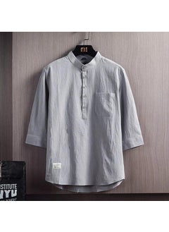 Casual Cotton Linen Shirt Mens Stand Collar Loose Fit Seven-Quarter Sleeve Outerwear Pure Color Polyester Fiber Spring Season Grey (high quality)