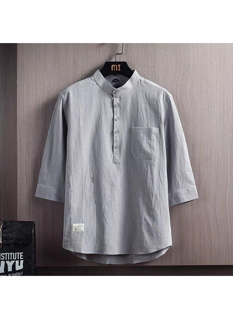 Generic - Casual Cotton Linen Shirt Mens Stand Collar Loose Fit Seven-Quarter Sleeve Outerwear Pure Color Polyester Fiber Spring Season Grey (high quality) - Image 1