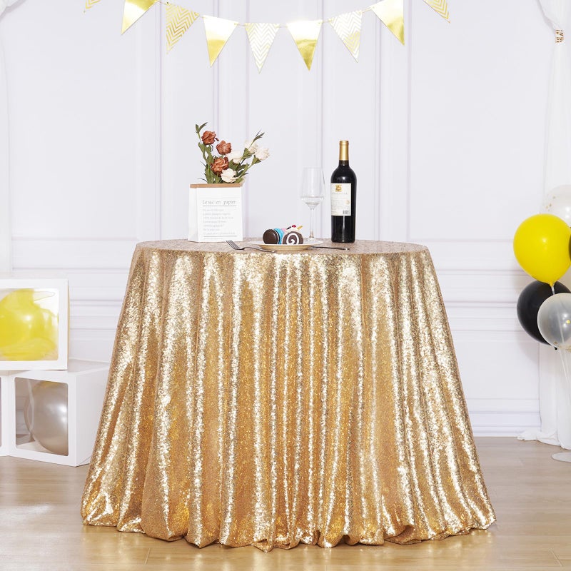 Poise3EHome 108Inch Light Gold Round Sequin Tablecloth for Party Cake Dessert Table Exhibition Events