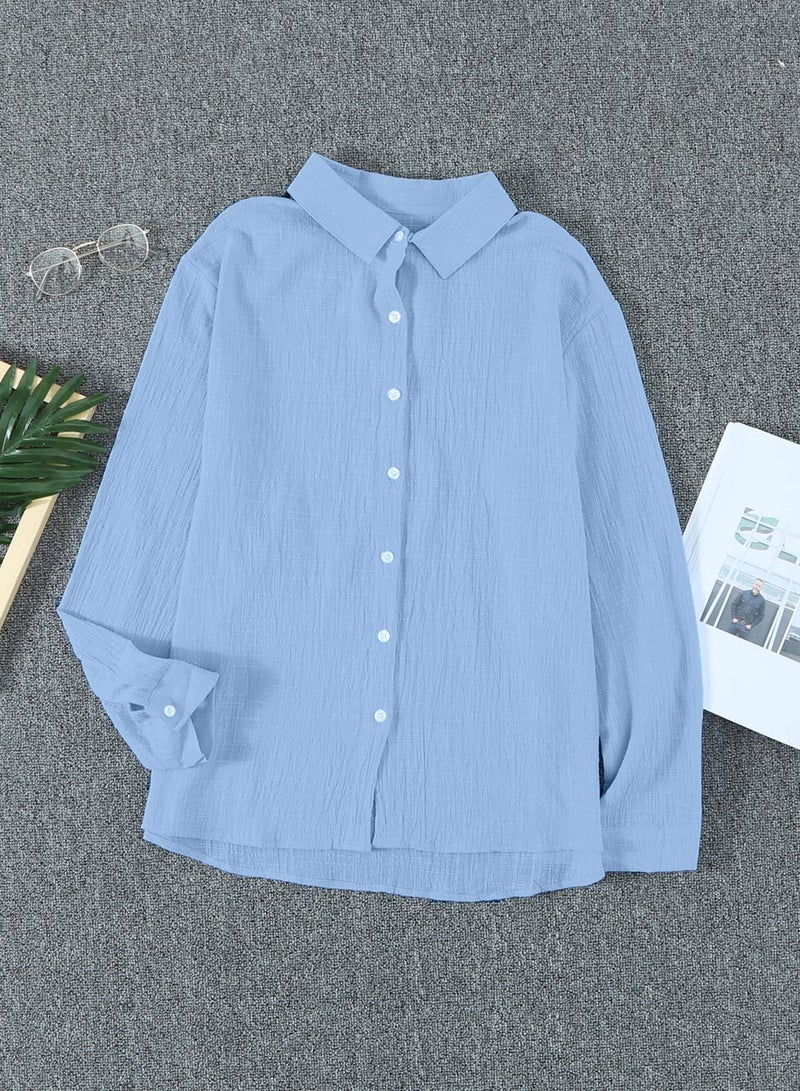 Astylish Women Fashion Clothing Long Sleeve Button Up Linen Shirts Business Casual Clothes Blue X-Large - Image 4