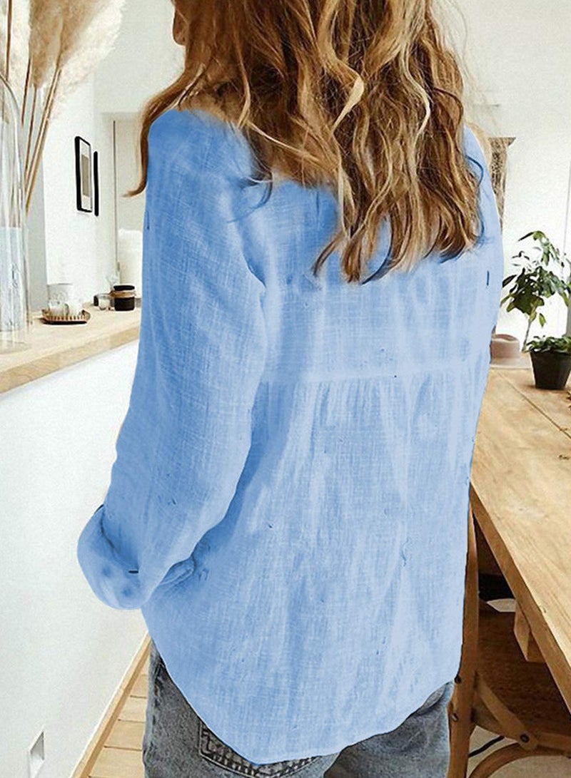 Astylish Women Fashion Clothing Long Sleeve Button Up Linen Shirts Business Casual Clothes Blue X-Large - Image 3