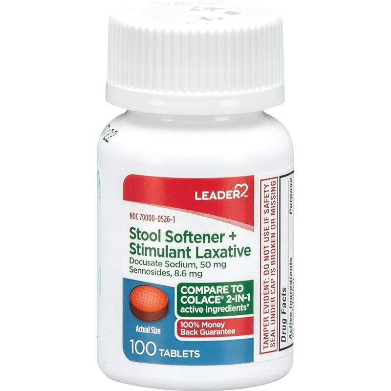 Leader 2in1 Stool Softener Stimulant Laxative Docusate Sodium 50mg Sennosides 86 mg Gentle Occasional Constipation Relief for Adults Both Men Women Children Ages 6 100 Tablets