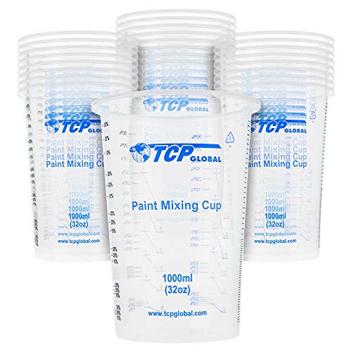 TCP Global TCP Global 32 Ounce 1000ml Disposable Flexible Clear Graduated Plastic Mixing Cups  Box of 25 Cups  Use for Paint Resin Epoxy Art Kitchen Cooking Baking  Measuring Ratios 21 31 41 ML 