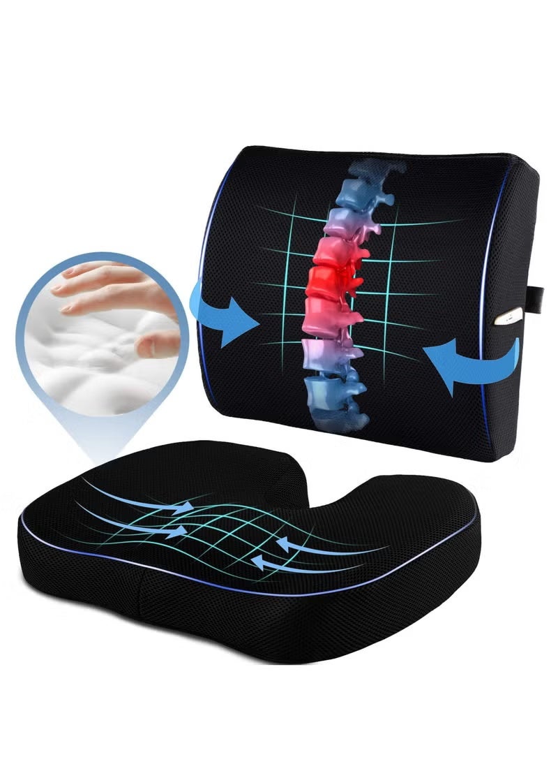 MIXSNOW Portable Ergonomic Memory Foam Seat Cushion and Lumbar Support Pillow Set for Car Office Computer Chair Wheelchair - Image 1