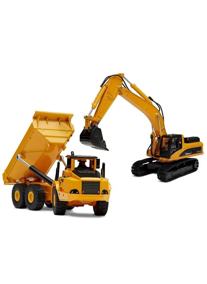 Top Race Construction Truck And Excavator Toy Set 2 Diecast Metal Vehicle Toys For Kids 8+ ; Remote Control Excavator For Adults ; Yellow & Black Excavator And Dump Truck Toys  - Image 1