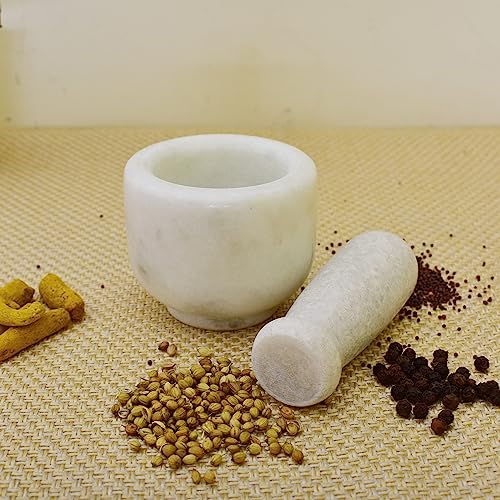 KunhaR Natural White Marble Mortar and Pestle Set, Imam Dasta, Ohkli Musal, Kharal - 3 x 2.5 Inches, White, (Half Polish) - Image 2
