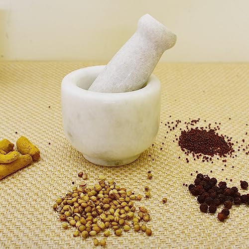 KunhaR Natural White Marble Mortar and Pestle Set, Imam Dasta, Ohkli Musal, Kharal - 3 x 2.5 Inches, White, (Half Polish) - Image 4