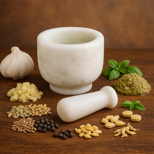 KunhaR Natural White Marble Mortar and Pestle Set, Imam Dasta, Ohkli Musal, Kharal - 3 x 2.5 Inches, White, (Half Polish) - Image 1