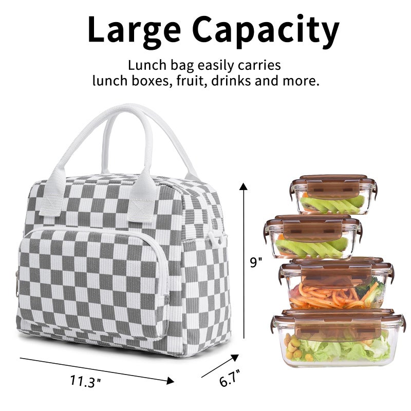 OYLOLA Lunch Bag Women Lunch Box for Women Adult Cute Insulated Lunch Bag Lager Cooler Lunch Tote Bags for Work Picnic (Beige-Gray Plaid) - Image 3