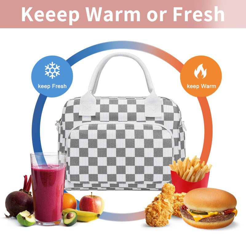 OYLOLA Lunch Bag Women Lunch Box for Women Adult Cute Insulated Lunch Bag Lager Cooler Lunch Tote Bags for Work Picnic (Beige-Gray Plaid) - Image 4