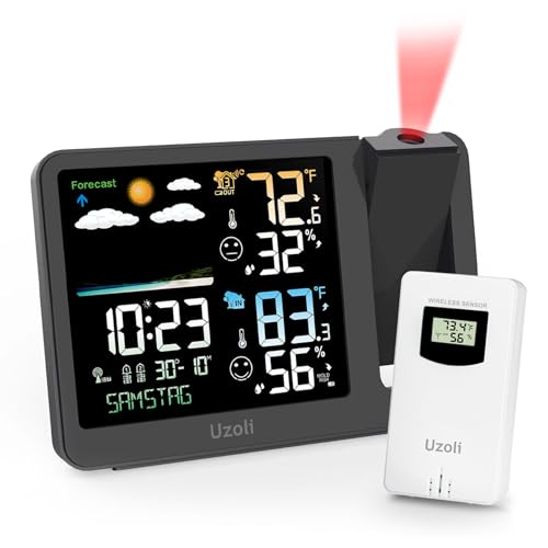 uzoli Projection Alarm Clock Weather Station, WWVB Atomic Projector Clock with Sensor, Adjustable Backlight, Indoor Outdoor Temperature Humidity, Digital Projection Clock for Bedroom Ceiling - Image 1