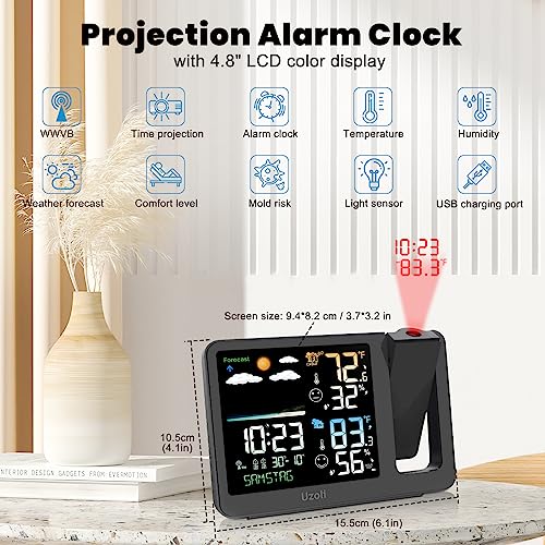 uzoli Projection Alarm Clock Weather Station, WWVB Atomic Projector Clock with Sensor, Adjustable Backlight, Indoor Outdoor Temperature Humidity, Digital Projection Clock for Bedroom Ceiling - Image 2
