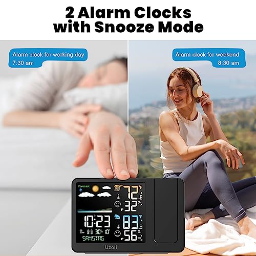 uzoli Projection Alarm Clock Weather Station, WWVB Atomic Projector Clock with Sensor, Adjustable Backlight, Indoor Outdoor Temperature Humidity, Digital Projection Clock for Bedroom Ceiling - Image 4