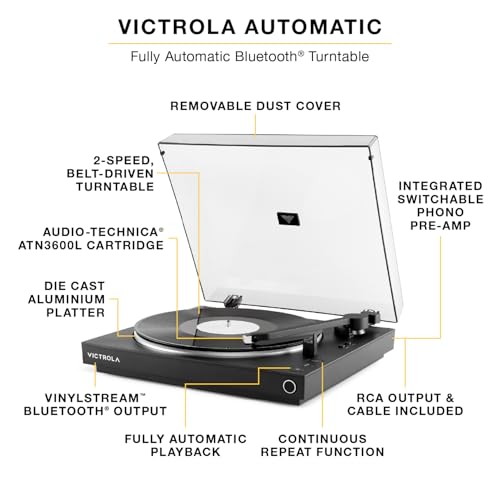 Victrola Fully Automatic Bluetooth Turntable w Audio Technica ATN3600L Cartridge Automatic Repeat Function 2Speed Vinyl Record Player Wireless Bluetooth Streaming Preamp Aluminum Platter White - Image 3