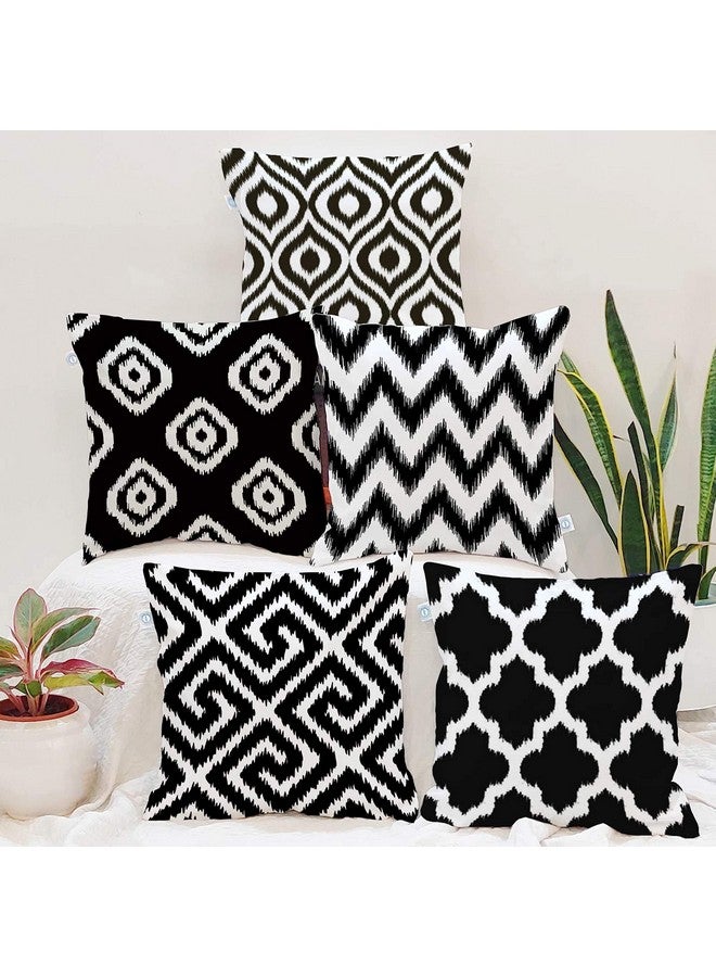 STITCHNEST Black Geometrical Ikat Ethnic Printed Poly Cotton Cushion Covers, Black Set of 5 (16 x 16 Inches) - Image 1