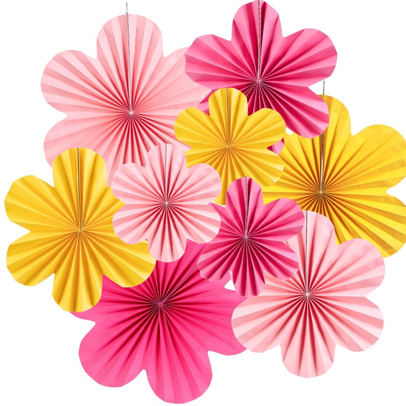 Easy Joy Paper Flowers Decorations for Wall Paper Fans Classroom Decoration Paper Floral Backdrop Decor Paper Fans Decoration Hanging Paper Fans Pink Flower Wall Decor Set of 9