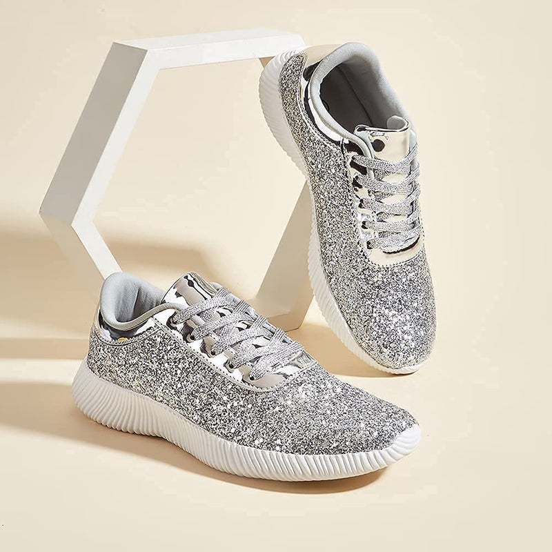 BELOS Women Shiny Glitter Sneakers Comfortable Stylish Shoes Lace up Bling Cute Shoes(9B(M) US, Silver) - Image 3