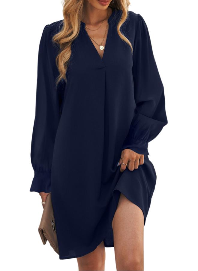 Shiying Autumn And Winter New Women's Clothing V-neck Ruffle Sleeve Solid Color Women's Short Skirt One-piece Delivery 