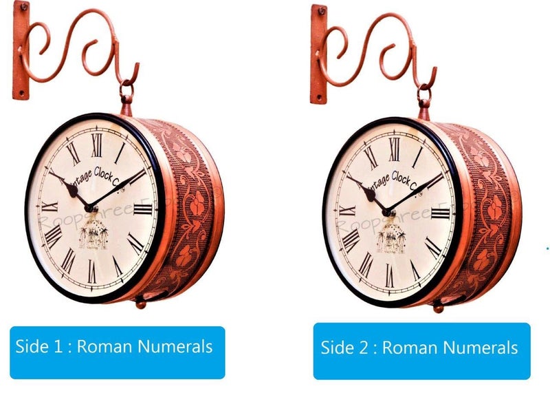 Vintage Clock Iron Handcrafted Double Side Analog Clock With Roman Numbers 1 Year Warranty (6 Inches Size, Rose Gold Finish, Floral Design, Vc-65471) - Image 2