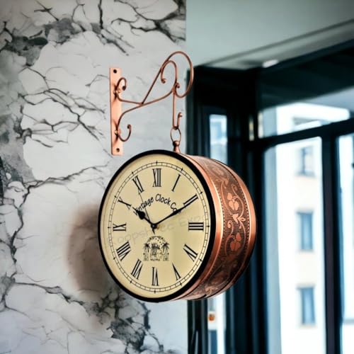 Vintage Clock Iron Handcrafted Double Side Analog Clock With Roman Numbers 1 Year Warranty (6 Inches Size, Rose Gold Finish, Floral Design, Vc-65471) - Image 3