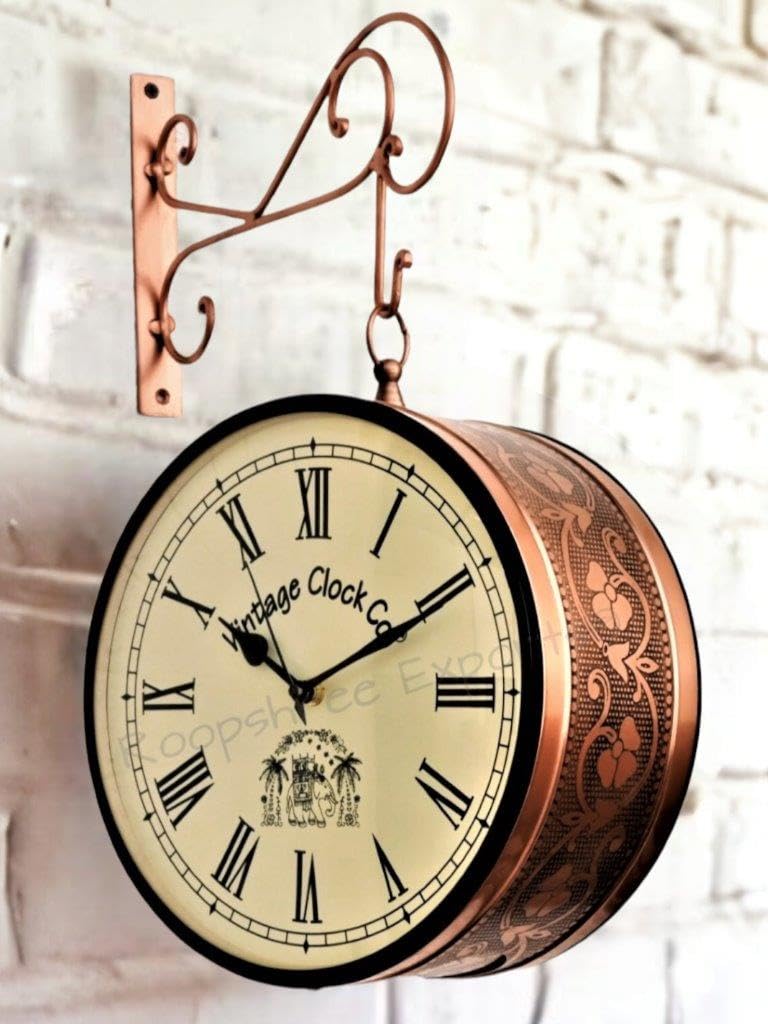 Vintage Clock Iron Handcrafted Double Side Analog Clock With Roman Numbers 1 Year Warranty (6 Inches Size, Rose Gold Finish, Floral Design, Vc-65471) - Image 1