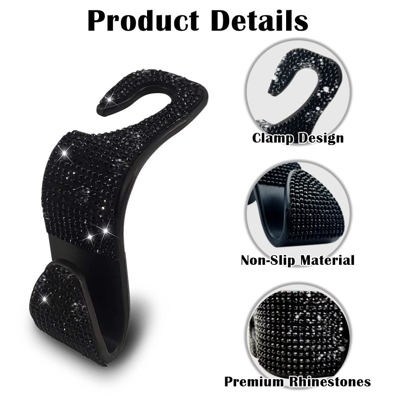 OSIFIT 2PCS Car Seat Hooks - Bling Rhinestone Headrest Hooks with Universal Design - Perfect for Holding Handbags, Clothes, Purses, and Water Bottles - Black - Image 2