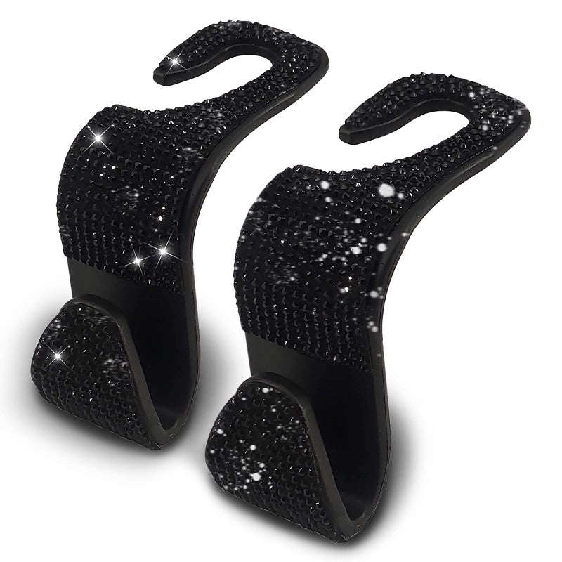 OSIFIT 2PCS Car Seat Hooks - Bling Rhinestone Headrest Hooks with Universal Design - Perfect for Holding Handbags, Clothes, Purses, and Water Bottles - Black - Image 1