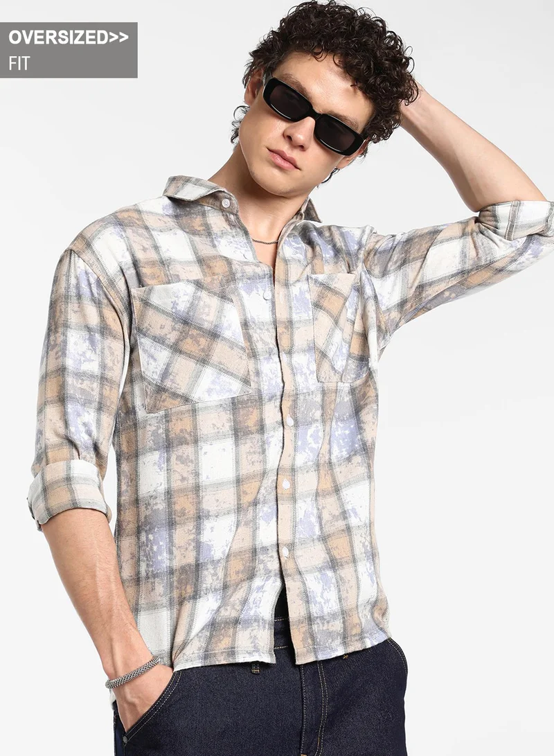 Campus Sutra Men's Light Beige & Off-White Tie-Dye Plaid Oversized Shirt
