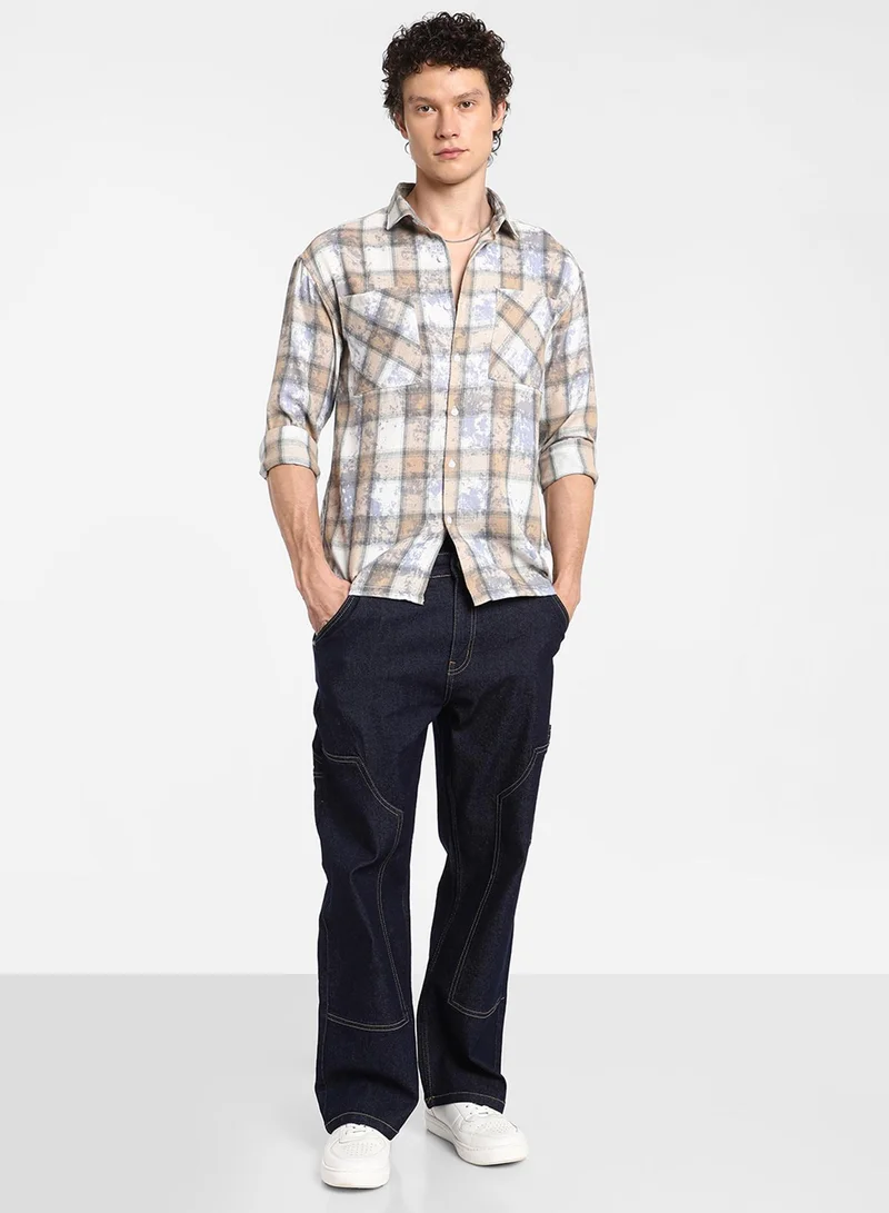 Campus Sutra Men's Light Beige & Off-White Tie-Dye Plaid Oversized Shirt