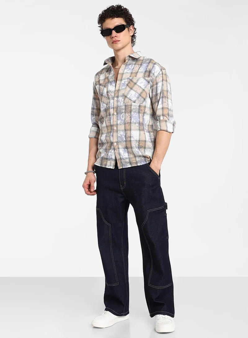 Campus Sutra Men's Light Beige & Off-White Tie-Dye Plaid Oversized Shirt