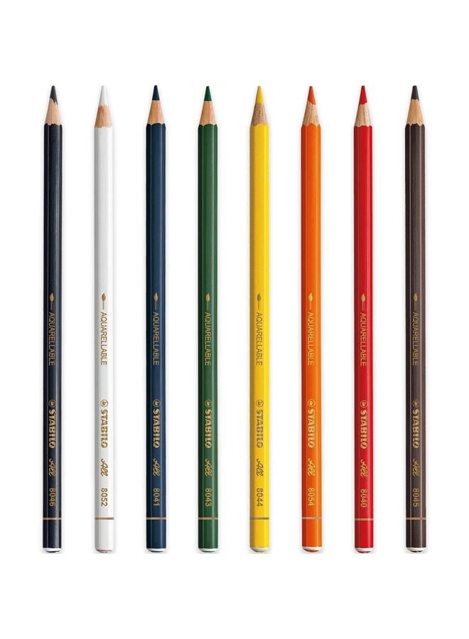 STABILO All Watercolour Effect Pencil - Assorted Pack of 8 Pencils - Black, White, Blue, Green, Yellow, Orange, Red & Brown - Image 1