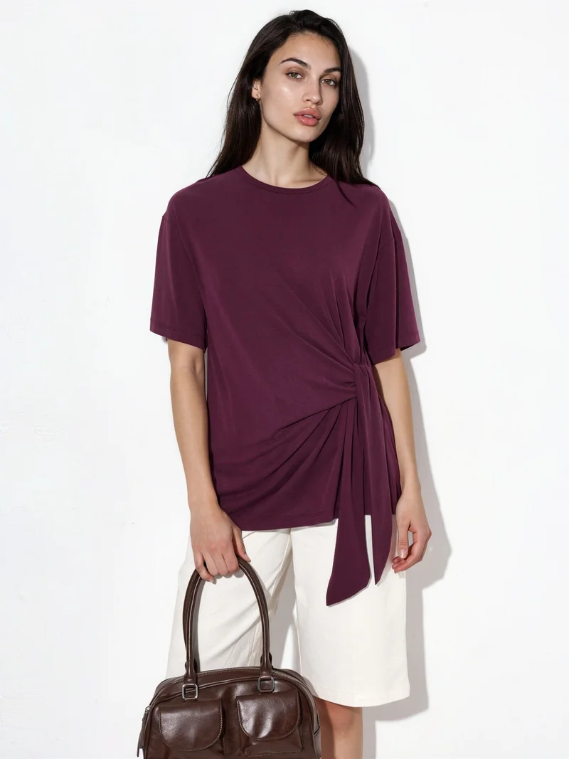 بوسيم BUSEM Loose Fit Crew Neck Modal Blouse with Tie Detail