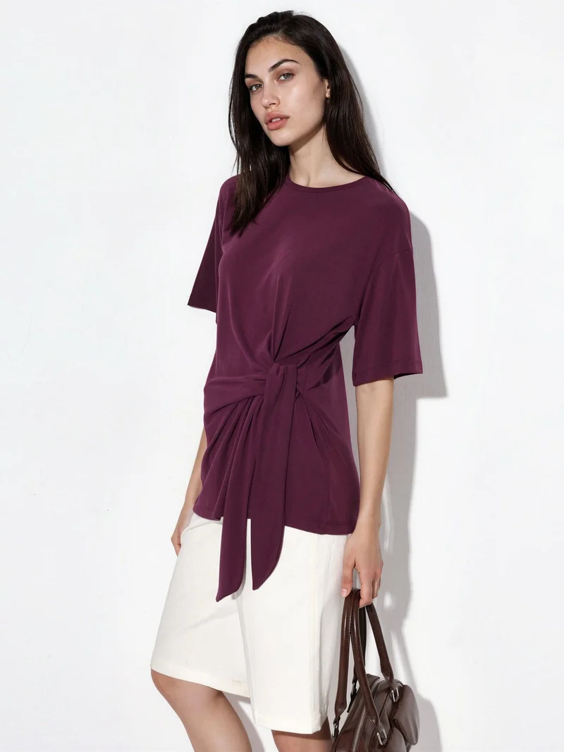 بوسيم BUSEM Loose Fit Crew Neck Modal Blouse with Tie Detail
