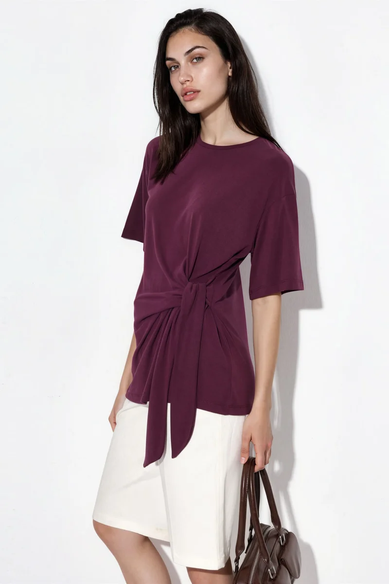 Busem BUSEM Loose Fit Crew Neck Modal Blouse with Tie Detail