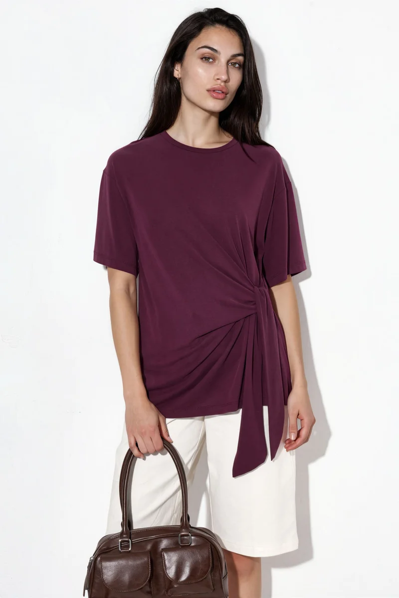 Busem BUSEM Loose Fit Crew Neck Modal Blouse with Tie Detail