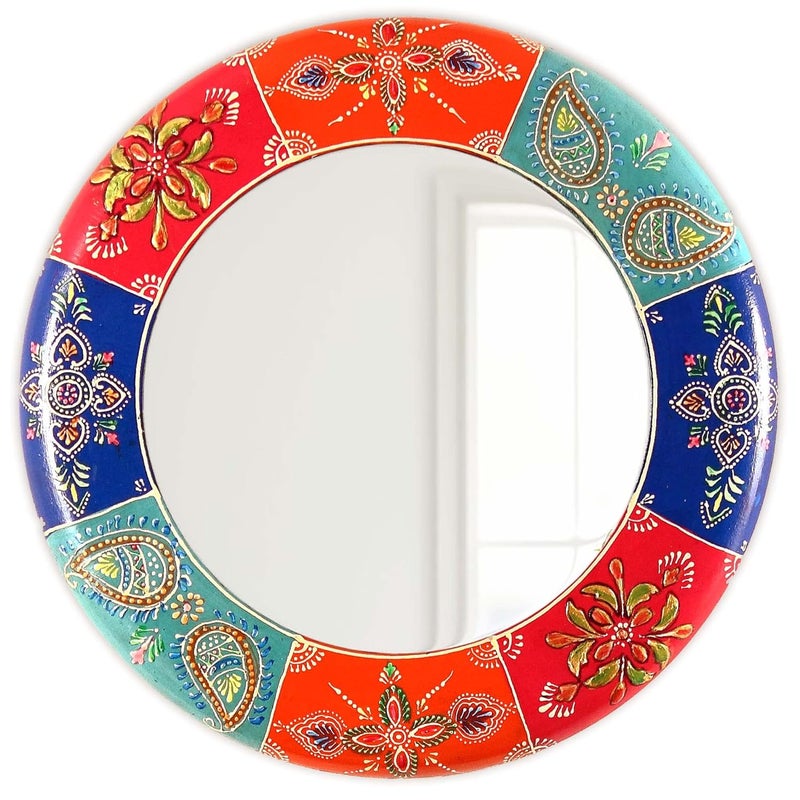 AntarYuga Wooden Handpainted Round MirrorRajasthani Decor Decorative Wall ArtSculpture for Home Living RoomBedroomOffice 18 X 18 Inch AYMI010 - Image 1