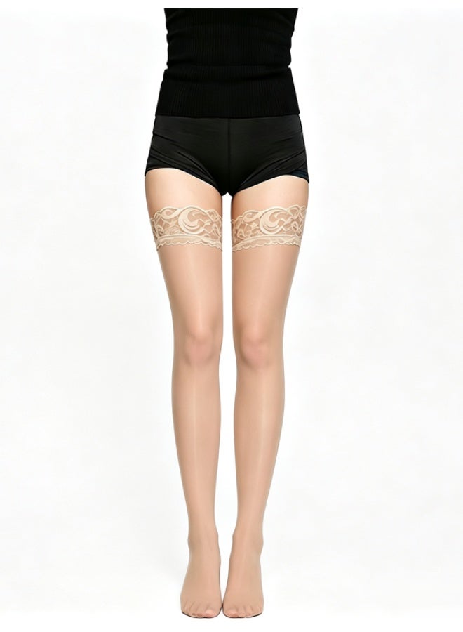 Layali Women Lace Top Thigh High Hold Up Stockings, Ultra Sheer Transparent Wide Lace Cuff Long Hosiery, High Stretch One Size Slimming Thigh Socks - Flesh color - Image 1