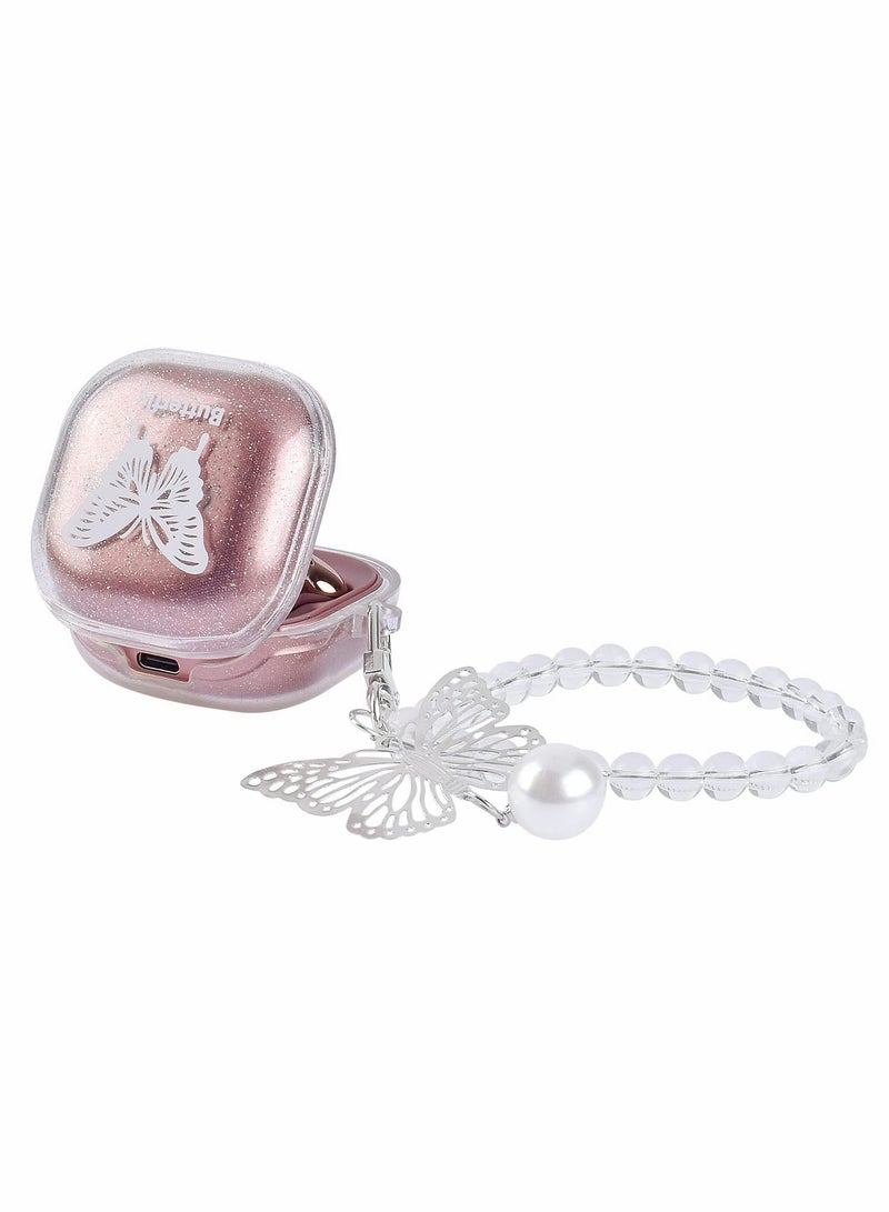 Excefore حافظة متوافقة مع Galaxy Buds 2/Galaxy Buds Pro/Galaxy Buds Live، حافظة حماية شفافة لامعة على شكل فراشة مع سلسلة مفاتيح ناعمة من مادة TPU للنساء والفتيات - Image 1