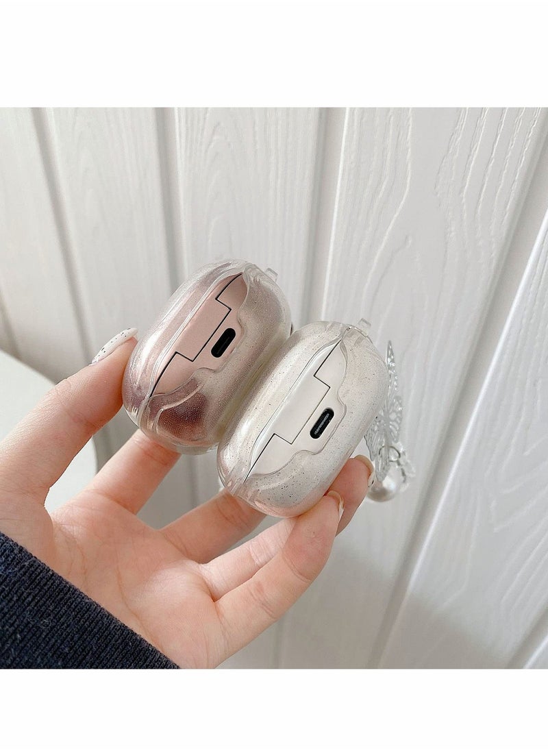 حافظة متوافقة مع Galaxy Buds 2/Galaxy Buds Pro/Galaxy Buds Live، حافظة حماية شفافة لامعة على شكل فراشة مع سلسلة مفاتيح ناعمة من مادة TPU للنساء والفتيات