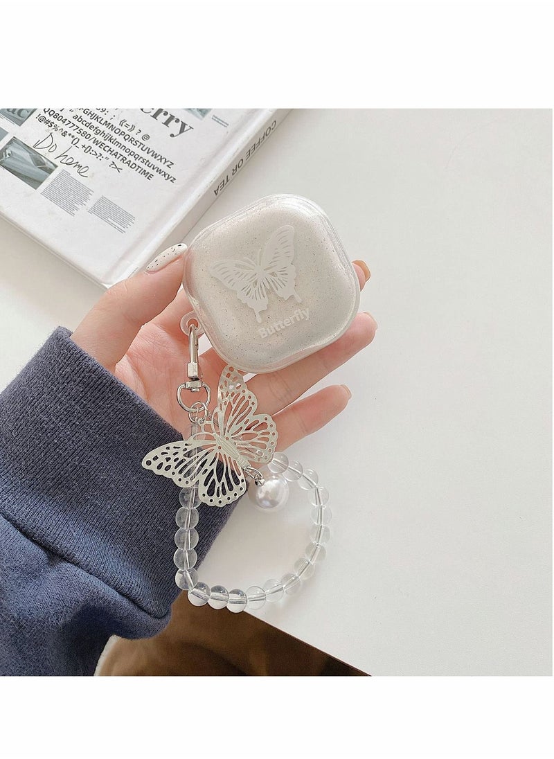 حافظة متوافقة مع Galaxy Buds 2/Galaxy Buds Pro/Galaxy Buds Live، حافظة حماية شفافة لامعة على شكل فراشة مع سلسلة مفاتيح ناعمة من مادة TPU للنساء والفتيات