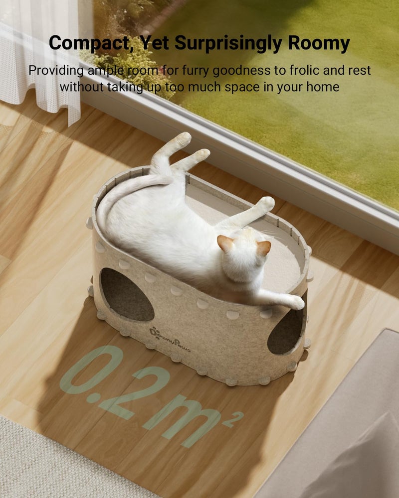 DownyPaws Cat House for Indoor Cats, Cat Bed Cave for Multiple & Large Cats Up to 22 Lbs, Scratch Resistant, Foldable Peekaboo Kitten Caves Tunnel Enclosed Bed, PeekaPurr, Cream - Image 3