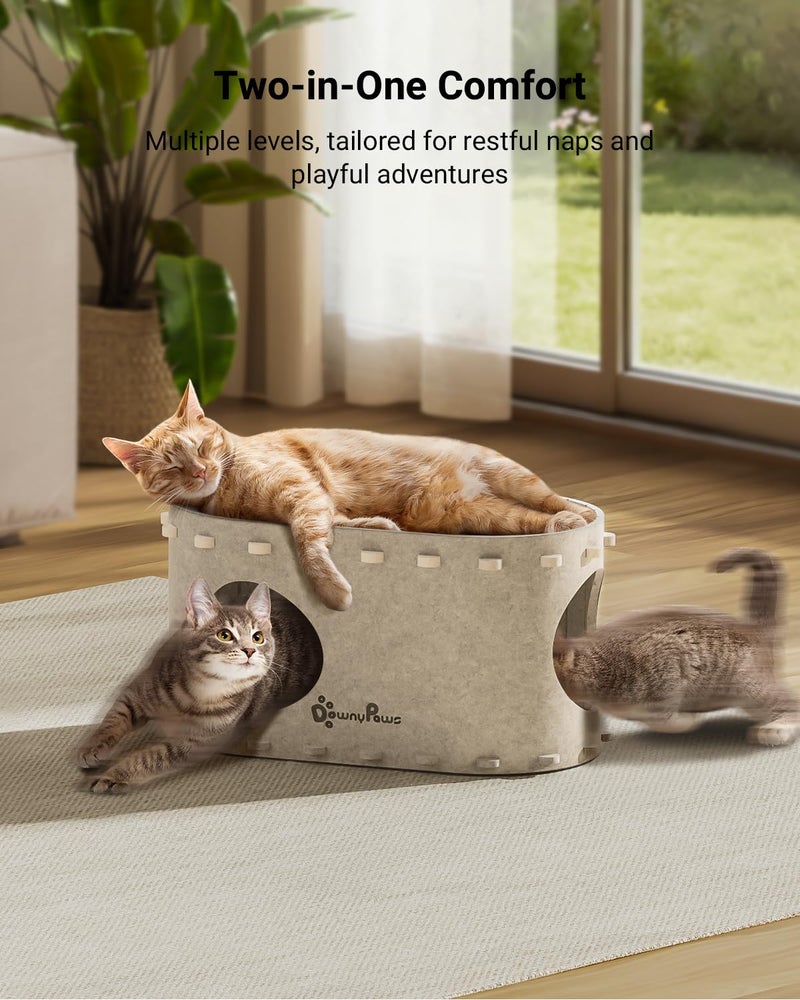 DownyPaws Cat House for Indoor Cats, Cat Bed Cave for Multiple & Large Cats Up to 22 Lbs, Scratch Resistant, Foldable Peekaboo Kitten Caves Tunnel Enclosed Bed, PeekaPurr, Cream - Image 2