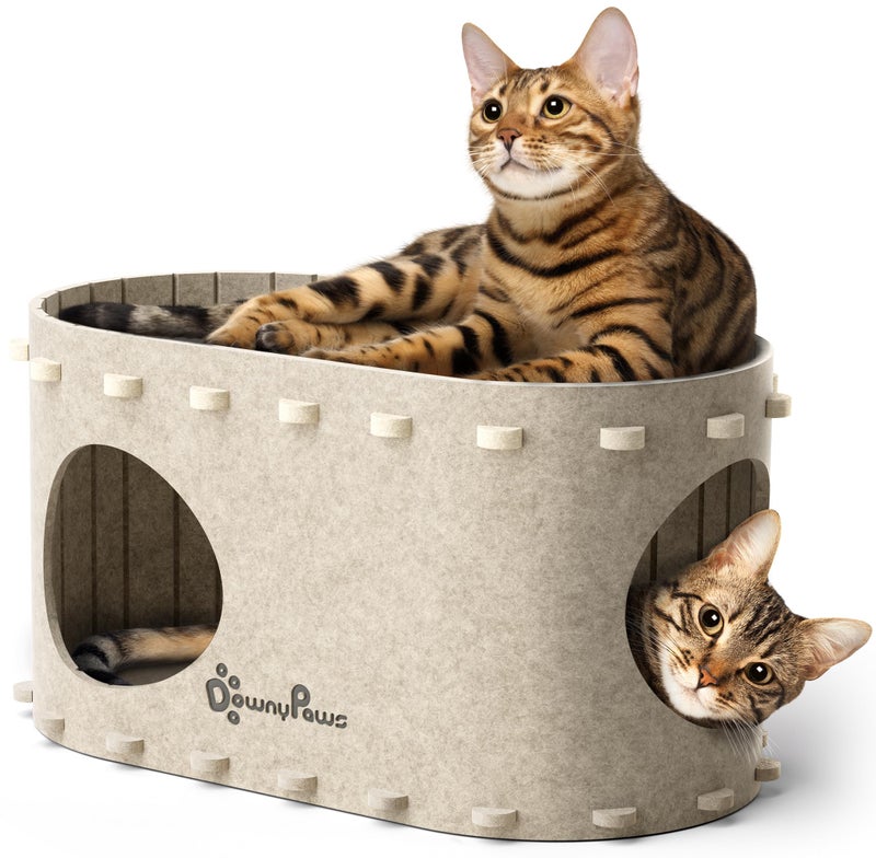 DownyPaws Cat House for Indoor Cats, Cat Bed Cave for Multiple & Large Cats Up to 22 Lbs, Scratch Resistant, Foldable Peekaboo Kitten Caves Tunnel Enclosed Bed, PeekaPurr, Cream - Image 1