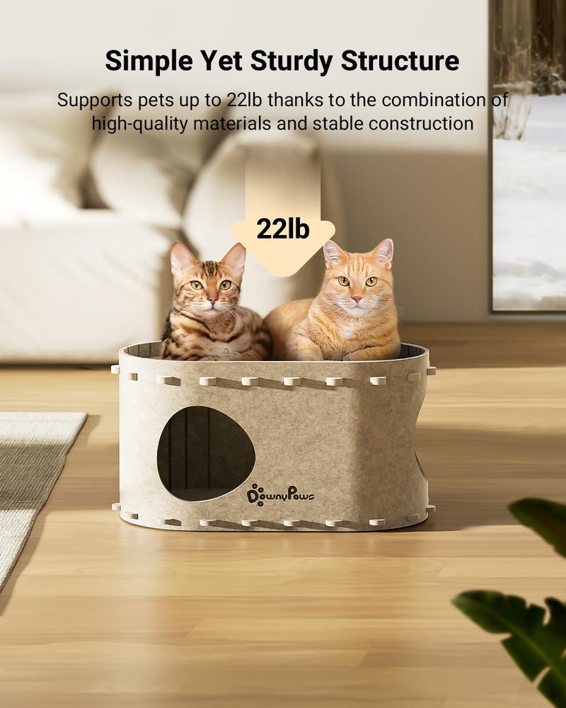 DownyPaws Cat House for Indoor Cats, Cat Bed Cave for Multiple & Large Cats Up to 22 Lbs, Scratch Resistant, Foldable Peekaboo Kitten Caves Tunnel Enclosed Bed, PeekaPurr, Cream - Image 4
