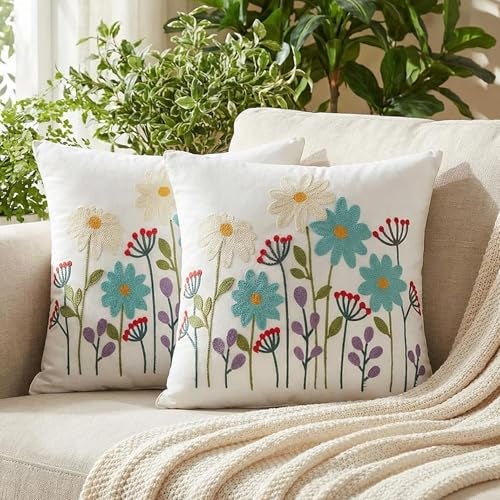 Hahafelt 2Pcs Spring Floral Embroidered Decorative Throw Pillow Covers 18x 18 Daisy Flower Pillow Covers with Zipper Farmhouse Cushion Cases for Bed Couch Sofa Living Room Bedroom Decor Gift - Image 1
