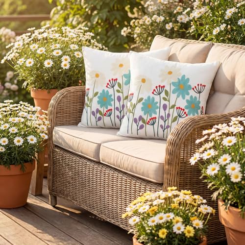 Hahafelt 2Pcs Spring Floral Embroidered Decorative Throw Pillow Covers 18x 18 Daisy Flower Pillow Covers with Zipper Farmhouse Cushion Cases for Bed Couch Sofa Living Room Bedroom Decor Gift - Image 3