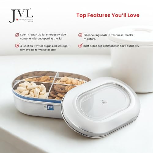 JVL Classicware Costa Capsule Dry Fruit Tin Stainless Steel Box with 4-Part Removable Tray & Transparent Airtight Lid Ideal for Dry Fruits, Sweets, Snacks & Gifting (1.35 L) - Image 4